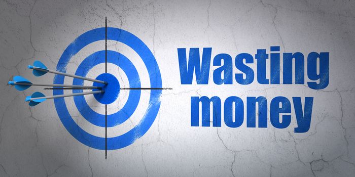 Success money concept: arrows hitting the center of target, Blue Wasting Money on wall background, 3D rendering