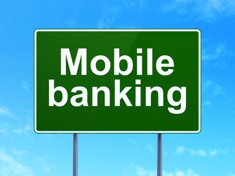Banking concept: Mobile Banking on green road highway sign, clear blue sky background, 3D rendering