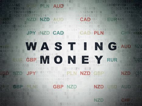Currency concept: Painted black text Wasting Money on Digital Data Paper background with Currency