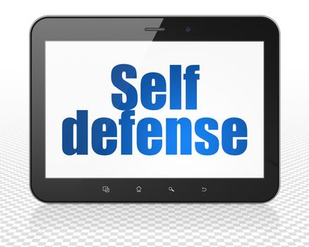 Safety concept: Tablet Pc Computer with blue text Self Defense on display, 3D rendering