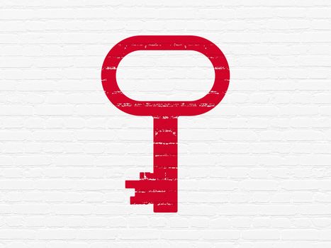 Privacy concept: Painted red Key icon on White Brick wall background
