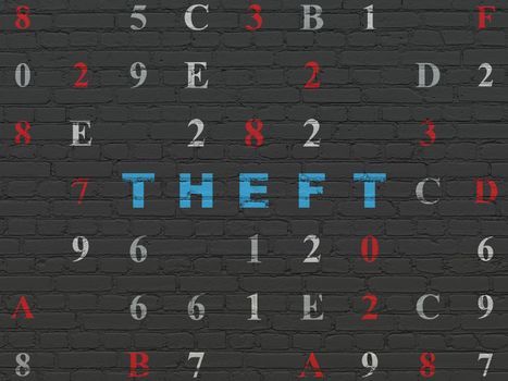 Privacy concept: Painted blue text Theft on Black Brick wall background with Hexadecimal Code