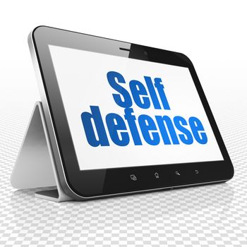 Safety concept: Tablet Computer with blue text Self Defense on display, 3D rendering