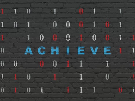 Finance concept: Painted blue text Achieve on Black Brick wall background with Binary Code