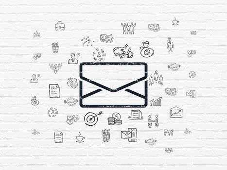 Business concept: Painted black Email icon on White Brick wall background with  Hand Drawn Business Icons