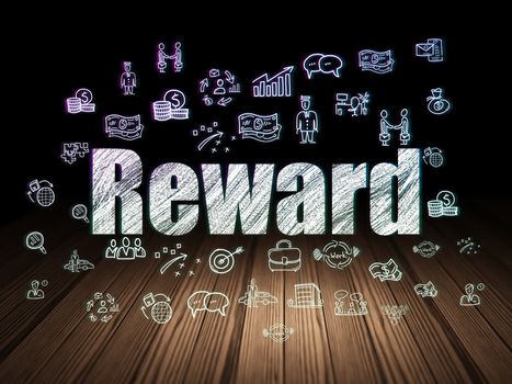 Business concept: Glowing text Reward,  Hand Drawn Business Icons in grunge dark room with Wooden Floor, black background
