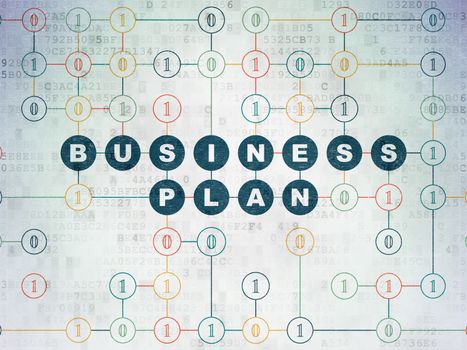 Business concept: Painted blue text Business Plan on Digital Data Paper background with Binary Code