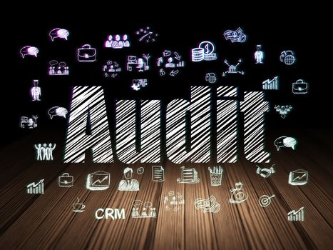Business concept: Glowing text Audit,  Hand Drawn Business Icons in grunge dark room with Wooden Floor, black background