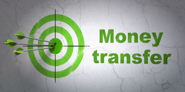 Success business concept: arrows hitting the center of target, Green Money Transfer on wall background, 3D rendering