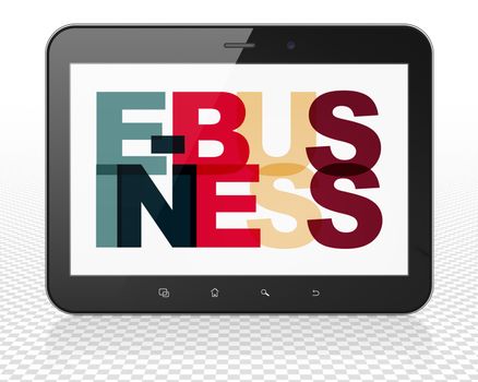Business concept: Tablet Pc Computer with Painted multicolor text E-business on display, 3D rendering