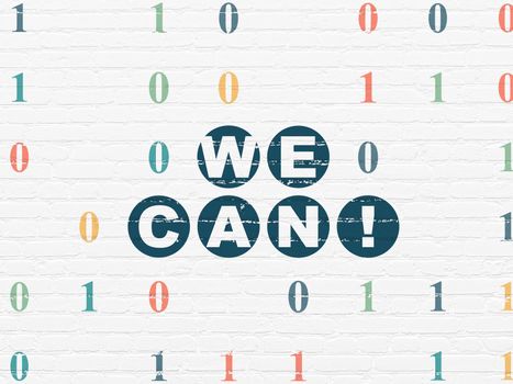 Finance concept: Painted blue text We Can! on White Brick wall background with Binary Code