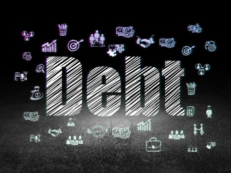 Business concept: Glowing text Debt,  Hand Drawn Business Icons in grunge dark room with Dirty Floor, black background