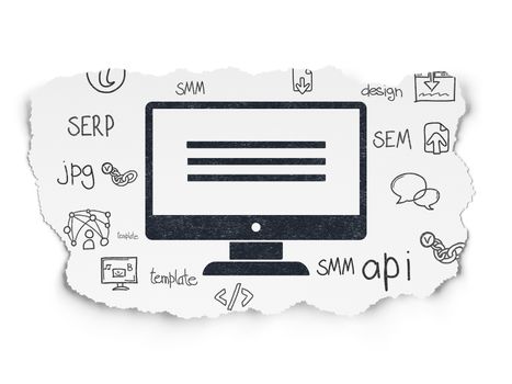 Web development concept: Painted black Monitor icon on Torn Paper background with  Hand Drawn Site Development Icons