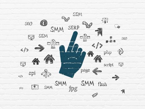 Web design concept: Painted blue Mouse Cursor icon on White Brick wall background with  Hand Drawn Site Development Icons