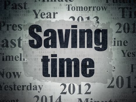 Time concept: Painted black text Saving Time on Digital Data Paper background with   Tag Cloud