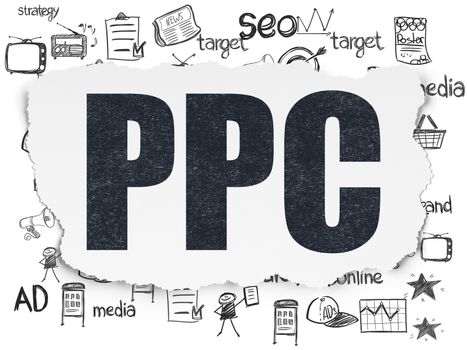 Advertising concept: Painted black text PPC on Torn Paper background with  Hand Drawn Marketing Icons