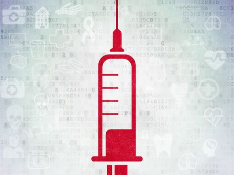 Healthcare concept: Painted red Syringe icon on Digital Data Paper background with Scheme Of Hand Drawn Medicine Icons