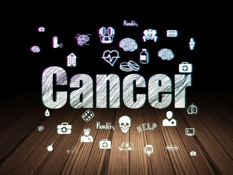 Medicine concept: Glowing text Cancer,  Hand Drawn Medicine Icons in grunge dark room with Wooden Floor, black background
