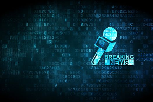 News concept: pixelated Breaking News And Microphone icon on digital background, empty copyspace for card, text, advertising
