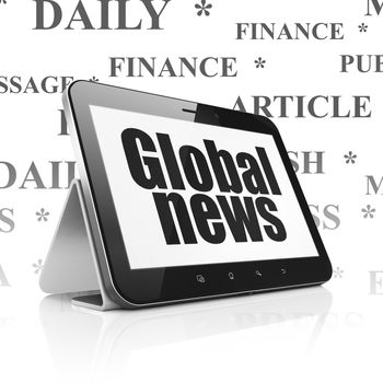 News concept: Tablet Computer with  black text Global News on display,  Tag Cloud background, 3D rendering