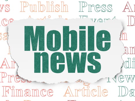 News concept: Painted green text Mobile News on Torn Paper background with  Tag Cloud