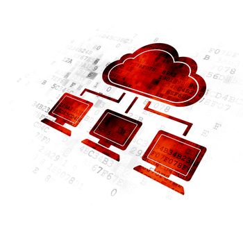 Cloud technology concept: Pixelated red Cloud Network icon on Digital background