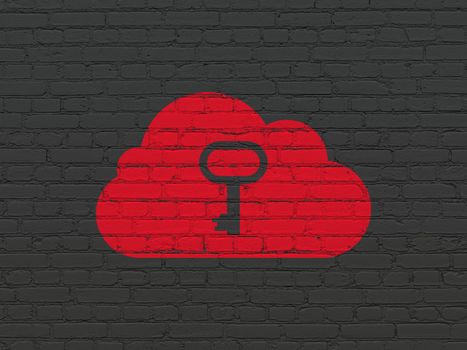 Cloud computing concept: Painted red Cloud With Key icon on Black Brick wall background