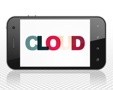 Cloud computing concept: Smartphone with Painted multicolor text Cloud on display, 3D rendering