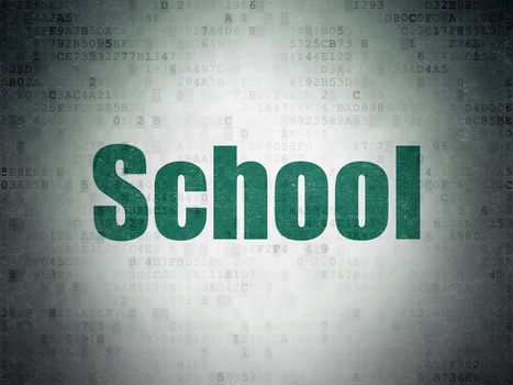 Studying concept: Painted green word School on Digital Data Paper background
