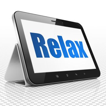 Holiday concept: Tablet Computer with blue text Relax on display, 3D rendering