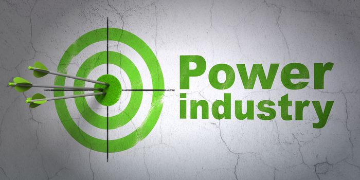 Success Manufacuring concept: arrows hitting the center of target, Green Power Industry on wall background, 3D rendering