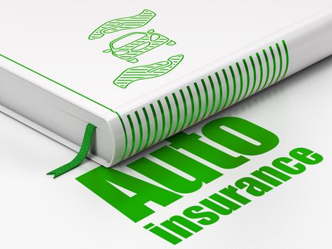 Insurance concept: closed book with Green Car And Palm icon and text Auto Insurance on floor, white background, 3D rendering