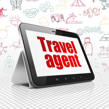 Vacation concept: Tablet Computer with  red text Travel Agent on display,  Hand Drawn Vacation Icons background, 3D rendering