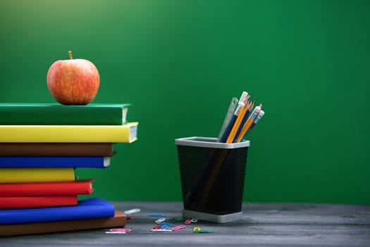 School books on desk. and Equipment along with learning.