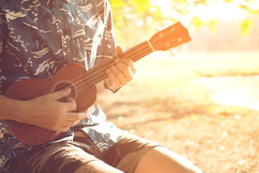 Acoustic guitar guitarist playing. Musical instrument with performer hands in parks.