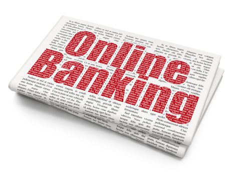 Currency concept: Pixelated red text Online Banking on Newspaper background, 3D rendering