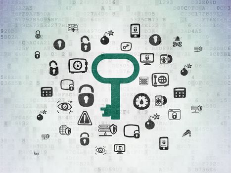 Protection concept: Painted green Key icon on Digital Data Paper background with  Hand Drawn Security Icons
