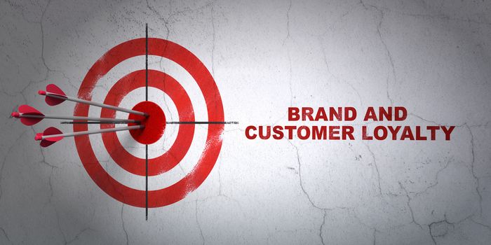 Success finance concept: arrows hitting the center of target, Red Brand and Customer loyalty on wall background, 3D rendering