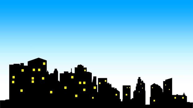 City center skyline with black buildings silhouette, yellow illuminating windows and blue sky.