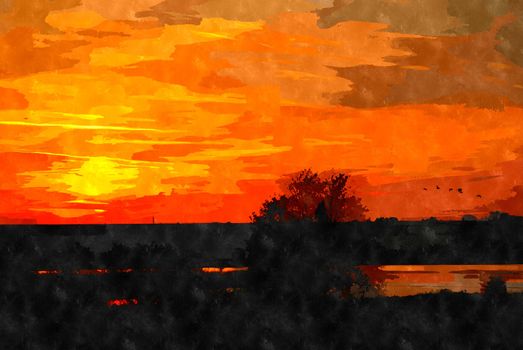 Watercolor digitally generated painting of the beautiful sunset over a landscape.