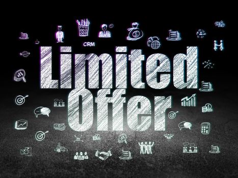 Finance concept: Glowing text Limited Offer,  Hand Drawn Business Icons in grunge dark room with Dirty Floor, black background
