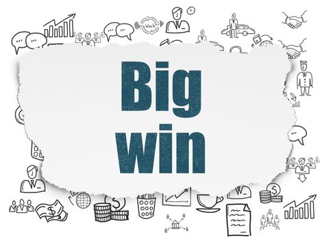 Business concept: Painted blue text Big Win on Torn Paper background with  Hand Drawn Business Icons