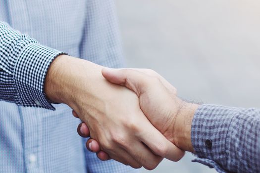 Closeup of a business hand shake between two colleagues Plaid shirt
