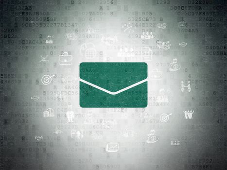 Finance concept: Painted green Email icon on Digital Data Paper background with  Hand Drawn Business Icons