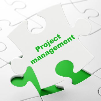 Finance concept: Project Management on White puzzle pieces background, 3D rendering
