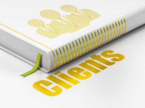 Business concept: closed book with Gold Business People icon and text Clients on floor, white background, 3D rendering