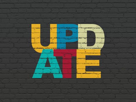 Web development concept: Painted multicolor text Update on Black Brick wall background