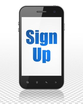 Web development concept: Smartphone with blue text Sign Up on display, 3D rendering