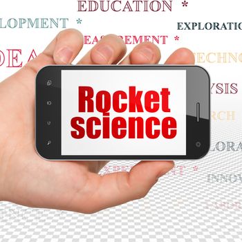 Science concept: Hand Holding Smartphone with  red text Rocket Science on display,  Tag Cloud background, 3D rendering