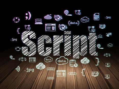 Software concept: Glowing text Script,  Hand Drawn Programming Icons in grunge dark room with Wooden Floor, black background
